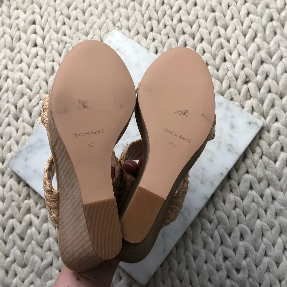 Woven Straw Double-Band Wedge Sandals - Beige